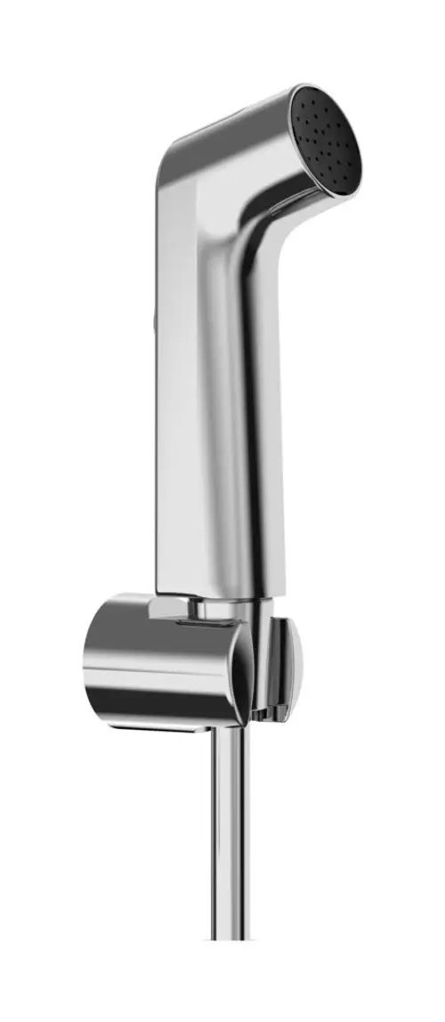 Handbrause aus Chrom mit ergonomischem Griff und Druckschlauch, montiert an einem Halter. Produkt von Hansgrohe, geeignet für vielseitige Anwendungen im Sanitärbereich.